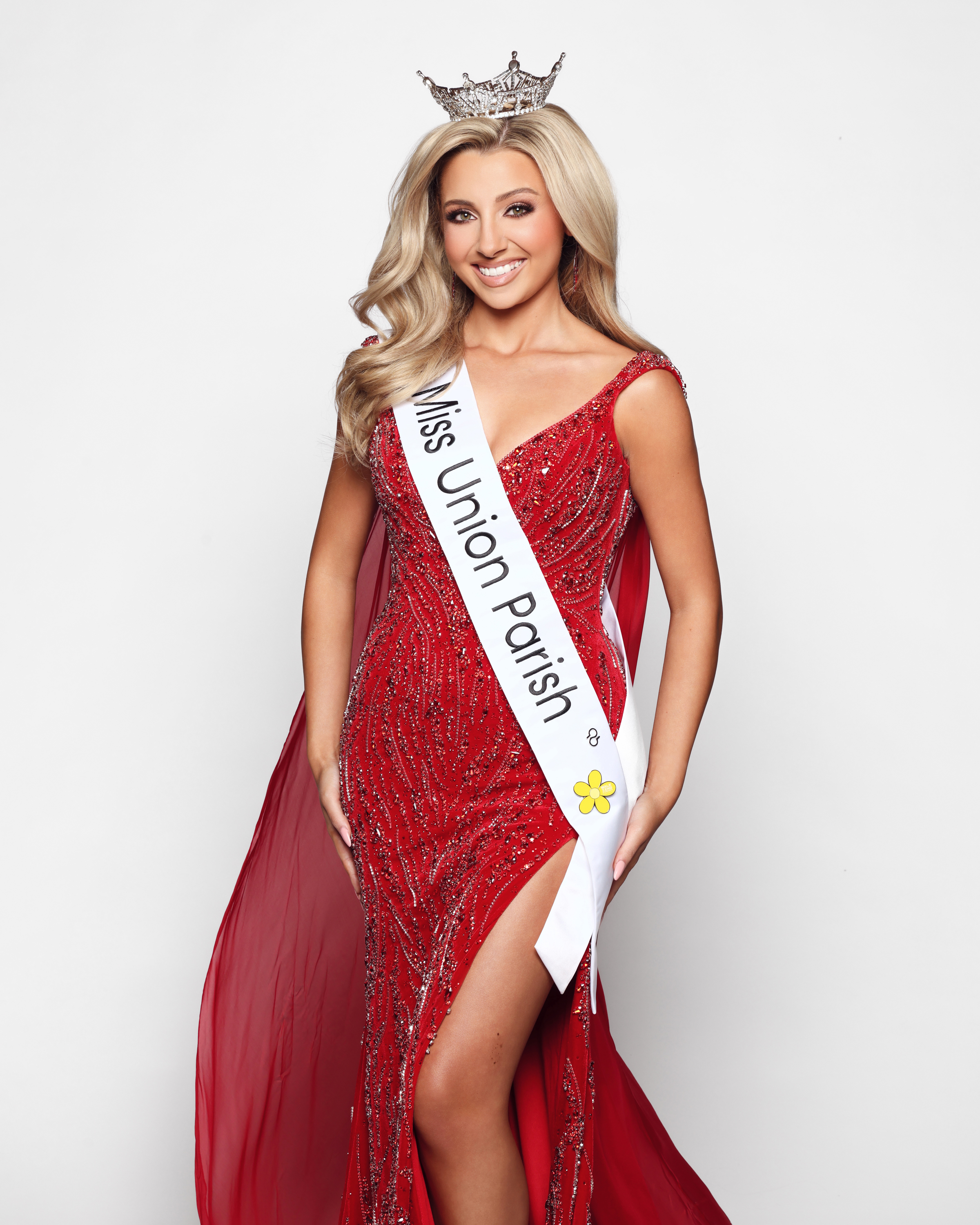 Hannah Brotherton, Miss Union Parish — red gown portrait with crown and sash